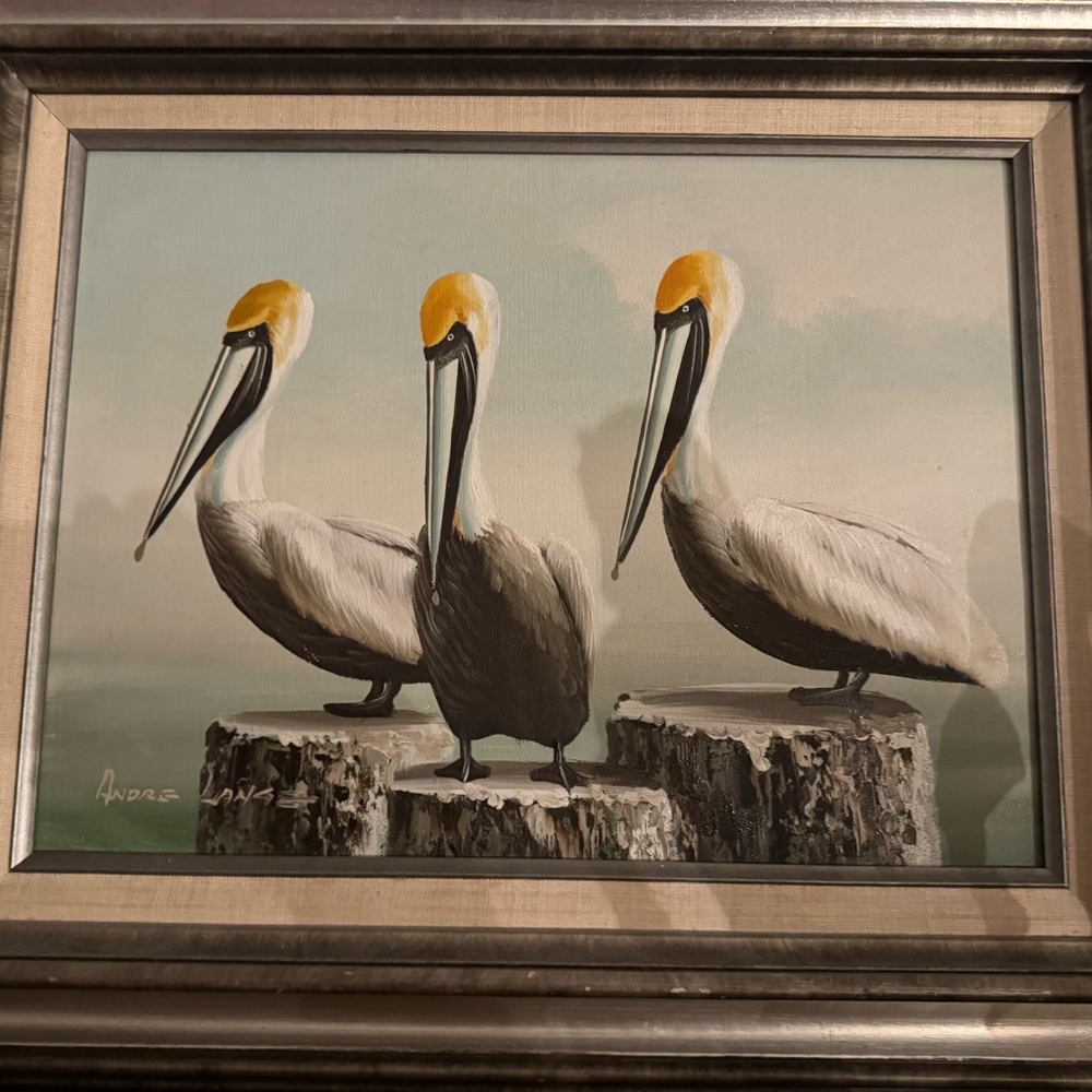 Pelican Trio Painting with Gold Accents